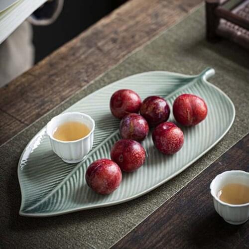Japanese style kiln changing leaf plate large tray kiln changing fruit plate household pottery cake plate snack nut plate dish
