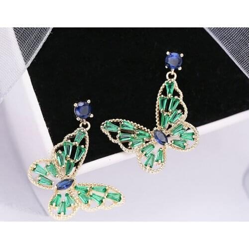 Trend Butterfly Copper Earrings Green And Pink Rhinestone Earring for Women Dropearrings Jewelry Birthday Party Gifts