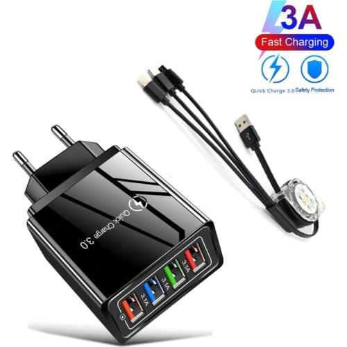 Phone Universal 3A 5V 4 USB Charger Fast Wall Charging Adapter EU Plug USB Charger Cable 3 in 1 For iPhone For Samsung For HTC