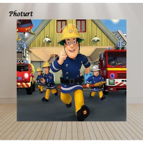 PHOTURT Fireman Sam Photography Background Kids Birthday Backdrop Fire Truck Running Man Vinyl Banner Photo Decorate Props