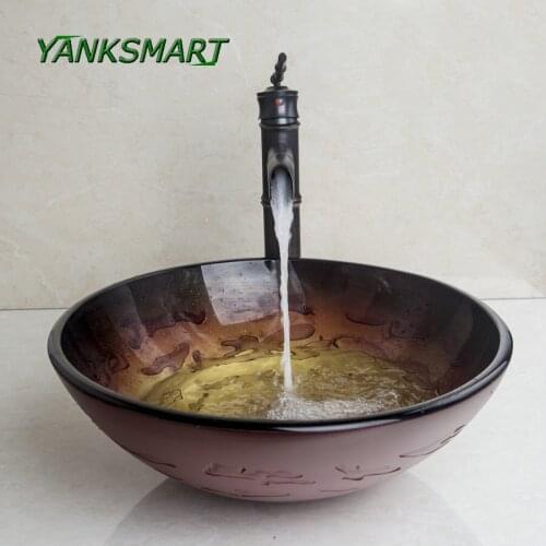YANKSMART Wave Style Washbasin Lavatory Round Tempered Glass Sink Set Bamboo Style ORB Brass Faucet Bathroom Sink Combo Kit