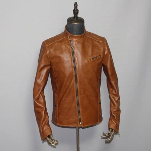 YR!Free shipping.motor style leather coat,Cool biker Batik cowhide jacket,quality 1.6mm brown genuine leather wear.Eur size