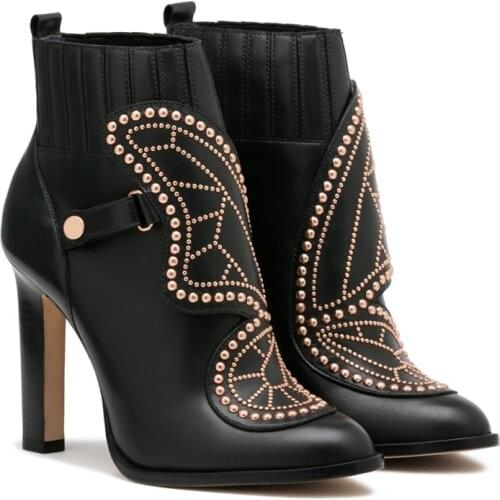 Butterfly Stud Ankle Boots Women High Heels Shoes Winter Black Zip Womens Autumn Winter Boots botines mujer 2020