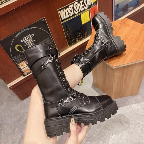 Round Toe Shoes Women Boots High Heels Boots-Women Zipper Stiletto Lolita Ankle Ladies Rock 2021 Flat Autumn Cross-tied PVC Cot