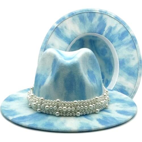 Women Fedora Tie dye Hat Wide Brim Band Belt Pearl Luxury Brand Jazz Caps Formal Church Winter Women Hats Colorful Fedora Felted