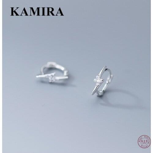 KAMIRA 925 Sterling Silver Korean Small CZ Lightning Ear Buckle White Zircon Stud Earrings for Women Party Unique Huggie Jewelry