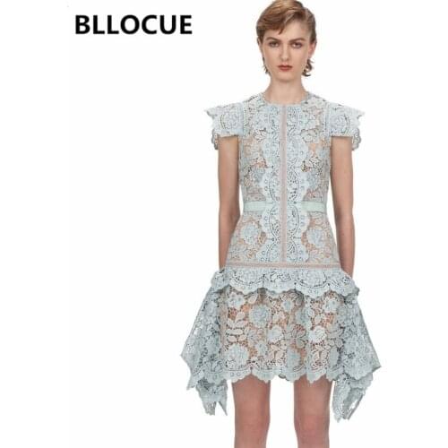 BLLOCUE High Quality Runway Lace Dress 2020 Spring Summer Womens O-Neck Ruffles Hollow Out splice Irregular Sweet Dress