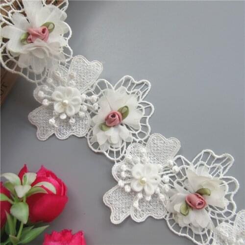 1 yard Vintage White Polyester Pearl Flower Embroidered Lace Trim Ribbon Fabric Handmade DIY Garment Wedding Dress Sewing Craft
