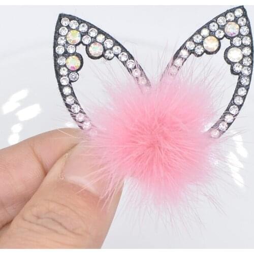 12Pcs/lot Fashion Fur Ball with Black Rhinestone Ear Fpr Hairband Patches Sew Stick-on Shoes Garment Bags Hairclips Accessories