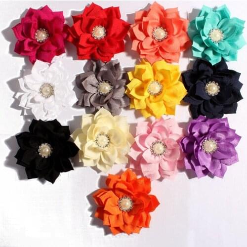 120pcs/lot 3.6" 13colors Hair Clips Lotus Flower With Rhinestone Pearl Button For Hair Accessories Fabric Flowers For Headbands