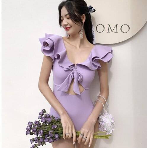 2021 Sexy Backless Ruffle One Piece Swimsuit Women Solid Swimwear Push Up Monokini Bandage Swim Suit Trikini Bathing Suit