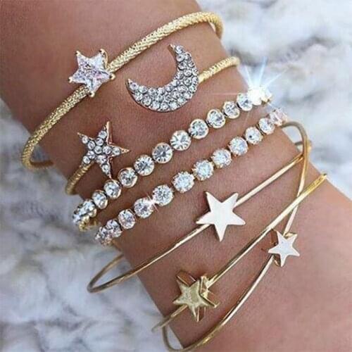 4 Pcs/set Punk Vintage Charm Simple Moon Star Heart Crystal elastic Bracelet Party Jewelry Bracelets Set For Women