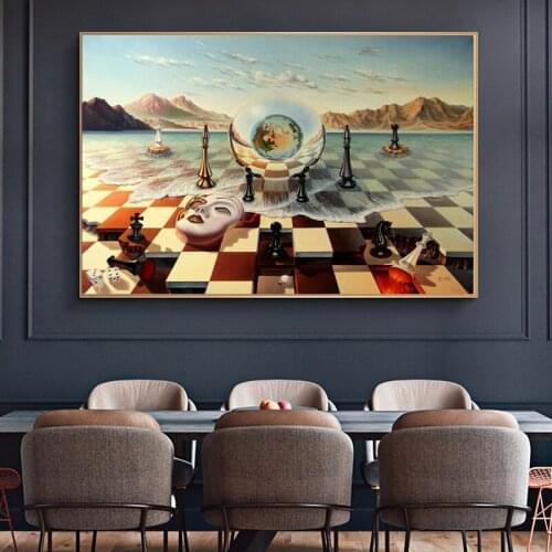 Abstract Salvador Dali Surrealism Chess Mask on Sea Canvas Painting on Weird Posters and Prints Wall ArtPicture Home Decoration