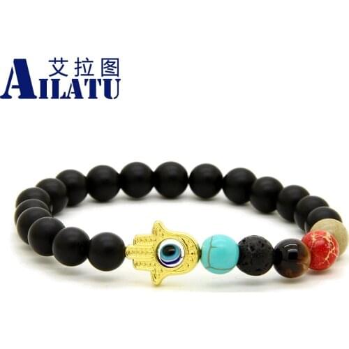 Ailatu Good Luck Beaded Protection Hamsa Hand Spiritual Bracelet 5 Colorful Stone Beads Jewelry