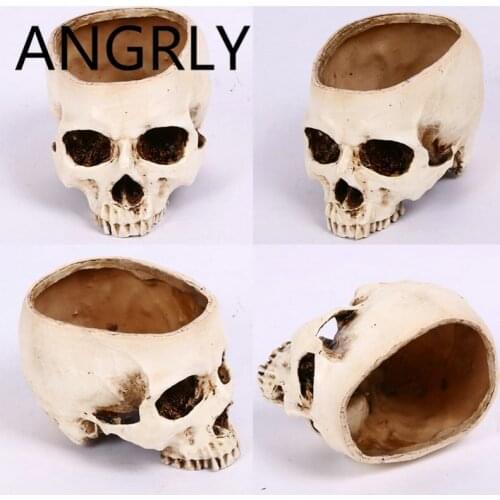 ANGRLY Resin Halloween Props No Brain Skull Hollow Skeleton Resin Skeleton Head Bone Flower Pot Ashtray Halloween Decorations