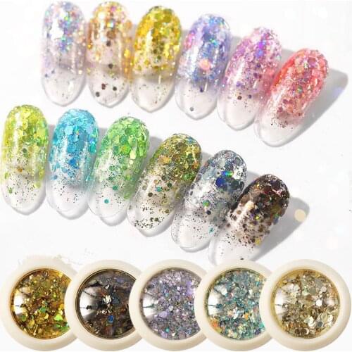 High quality new fashion shiny gradient nails glitter eye makeup sequins laser loose powder 6 Pack 3D charm DIY decoration