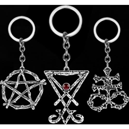 Retro Trinket Key Chain Satanic Lucifer Geometric keyholder Baphomet Amulet Keyrings Goat Satan Wiccan Satanism Pentagram Keyfob