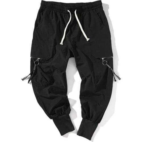 Streetwear Black Mens Cargo Pants Ribbon Mens 2021 Jogger Hip Hop Harem Pants Side Pocket Casual Loose Harajuku Sweatpant M-5XL