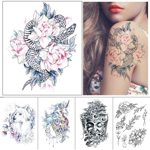 Black Waterproof fake tattoo Flower unicorn joss bird Color printed temporary tattoo sticker for man and woman Arms thighs
