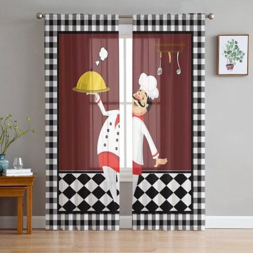 Black And White Plaid Chef Knife Fork Tulle Curtain Voile Transparent for Bedroom Living Room Kitchen Sheer Window Curtains