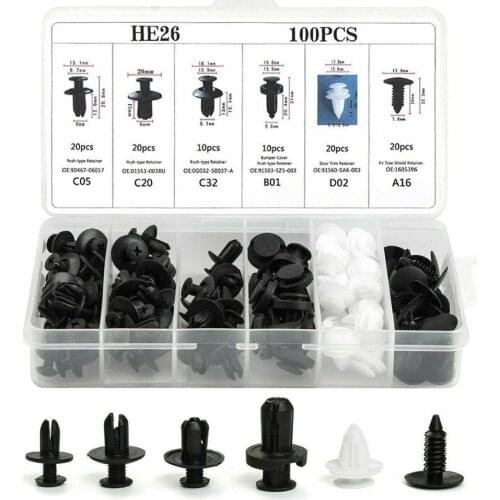 HE26 Fastener Clip 6 Size Mixed 100pcs Auto Car Body Push Retainer Pin Rivet Bumper Door Trim Panel Retainer Fastener Kit