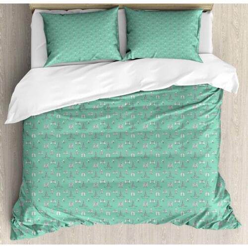 Notre Dame de Paris Duvet Cover Set Frenchs and in Continuous Pattern 3 Piece Bedding Set Seafoam White and Charcoal Grey