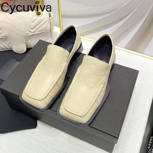 Real Leather Flat Loafers Women Shoes Black White Woman Flats Slip On Square Toe Leisure Shoes Female Platform Woman Flats 2021