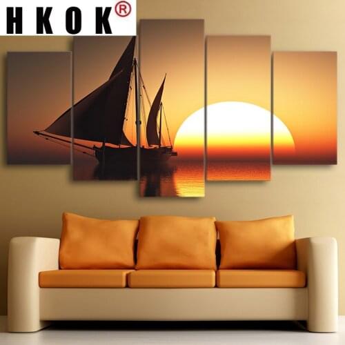 HKOK Modular Pictures Modern Canvas Framework HD Printed 5Pcs Sun Sea Ship Scenery Home Decor Living Room Wall Art Painting