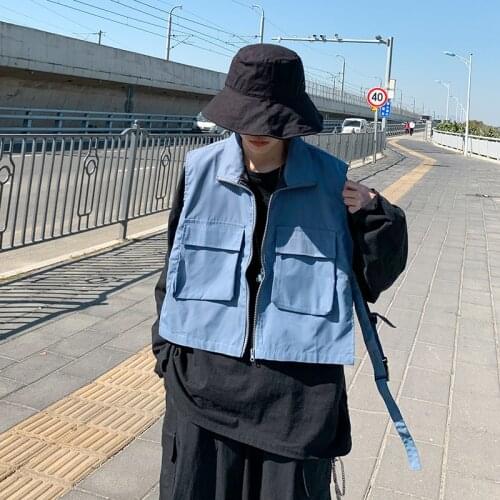 Tooling Shorts Vest Mens Fashion Retro Casual Pocket Vest Coat Men Streetwear Korean Loose Hip-hop Vest Jacket Mens M-2XL