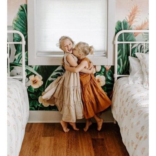 2021 new European and American summer girls linen skirt lace pleated sleeveless princess daily casual dress