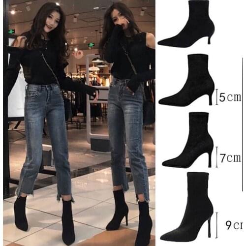 High-heeled Elastic Pointed Toe Black New Stiletto Ankle Boots Womens High Heel Thickened Thin Socks Boots Short Sleeve Boots