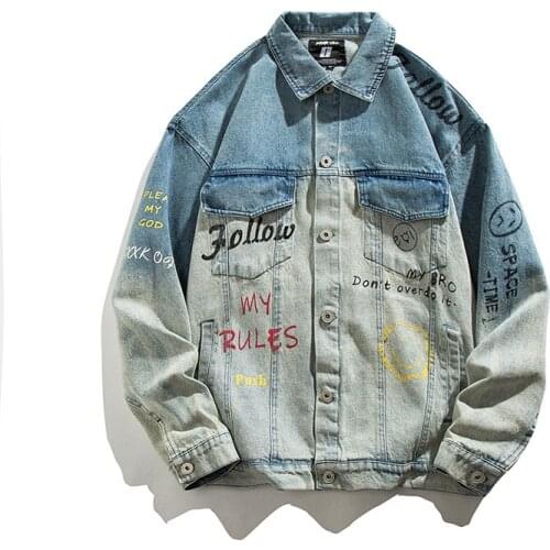 2021 Autumn New MenS Letter Print Denim Jacket Turn-Down Collar Student Loose Casual Garment