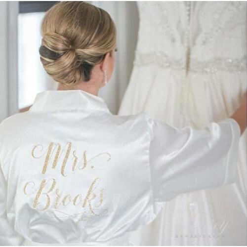 Personalize MRS bride wedding Bridesmaid bridal Lingerie satin pajamas robes Bachelorette kimonos gowns gifts party favors