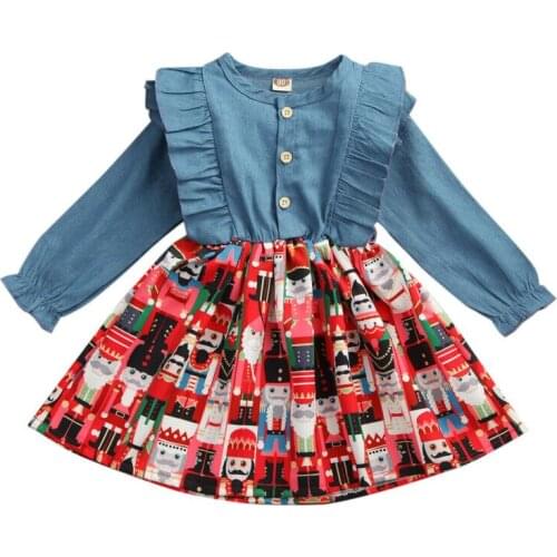 FOCUSNORM Christmas Infant Kids Girls Dress Cartoon Print Denim Patchwork Ruffles Long Sleeve Knee Length A-Line Dress