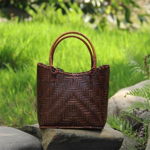21x18CM Bamboo Woven Bag Straw Bag Tea Set Storage Bag Rattan Bag With Wooden Handle Retro Handbag Woven a6113