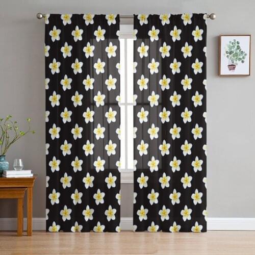 Frangipani Flower Black Background Chiffon Tulle Curtains for Living Room Kitchen Bedroom Sheer Voile Yarn Window Treatment