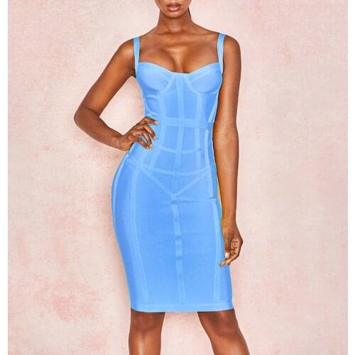 WillBeNice 2020 Sexy Autumn Blue Women Bandage Dress Vestido Spaghetti Bodycon Celebrity Party Dress Knee Length Club Wholesale