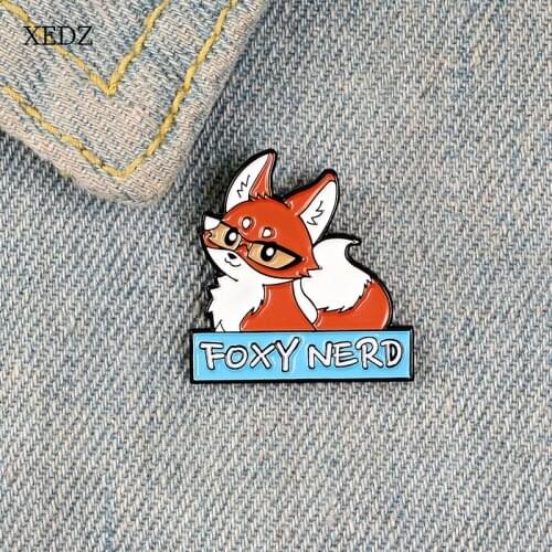 XEDZ Cute and smart red fox squirrel wearing glasses FOXY NERD enamel pin jewelry boys and girls denim clothes pendant gift