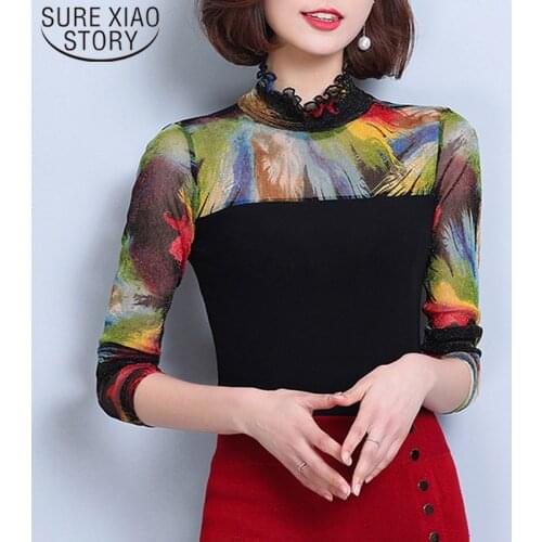 Autumn New Korean Women Blouses Long Sleeve Slim Temperament Ladies Blusas Mujer De Moda 2021 Mesh Print Shirts Women 5932 50