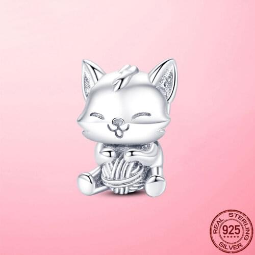 925 Sterling Silver Cute Animal Charm Lovely Cat With Yarn Ball Charm Beads Fit Original Pandora Bracelet for Child Gift DIY