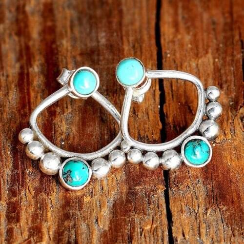 Boho Ethnic Turquoises Stud Earrings Removable Multipurpose Silver Color Beads Blue Stone Earrings Women Jewelry