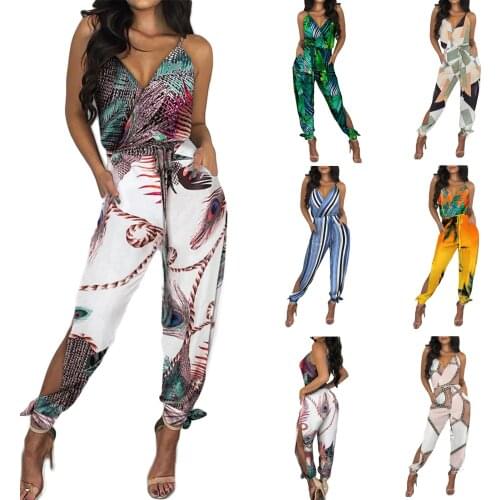 2021 new style peacock feather print sleeveless split sexy backless tether pocket sling V-neck womens jumpsuit