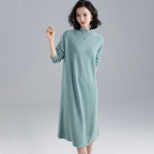 Women Cashmere Dress Autumn Elegant Solid Color Sweater Long Knit Clothing Pullovers for Lady