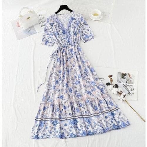 2021 Summer Dress Floral Printed V-neck Drawstring Short Sleeve Women Dresses Female A-line High Waist Beach Long Dress