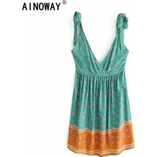 Vintage chic women floral print cross v-neck sleeveless beach Bohemian dress Ladies Summer rayon Boho mini dress vestidos