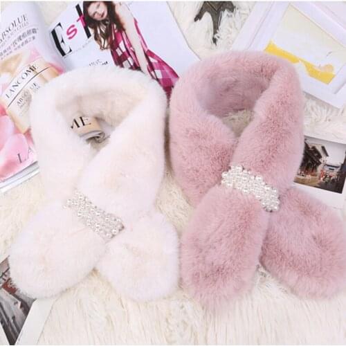 Winter Pearl Scarves Women Luxury Faux Rabbit Fur Collar Scarf Spring Fashion Warm Ring Plush Neck Snood Scarf PJ111