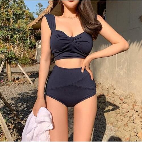2021 New Fashion Ladies High Waist Cover Belly Solid Color Split Swimsuit Swimwear