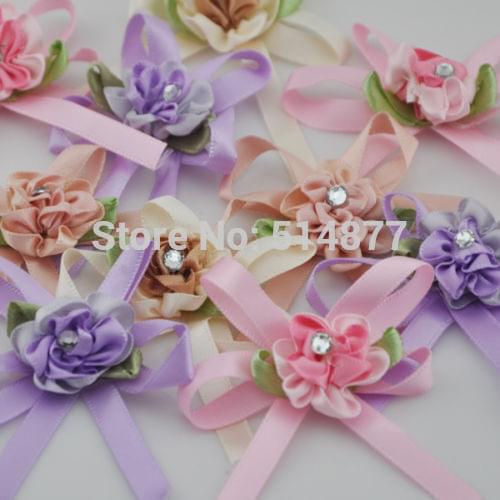 10Pcs satin ribbon flowers bow w/leaf stone wedding sewing appliques DIY B122