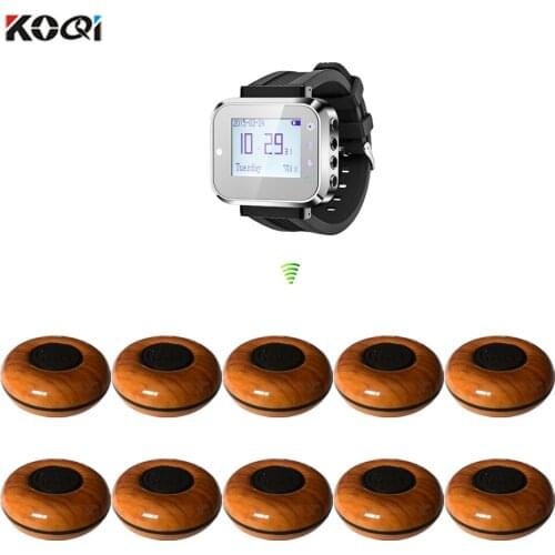 Wireless Calling System Vibrate Wristwatch Pager K-300plus and wood color Call Button(1 watch+ 10button)