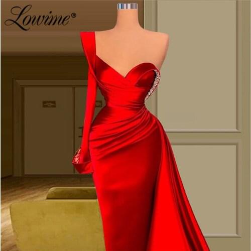 Formal One Shoulder Red Evening Dresses Dubai Design Long Sleeve Beading Arabic Middle East Women Party Gowns 2021 Plus Size